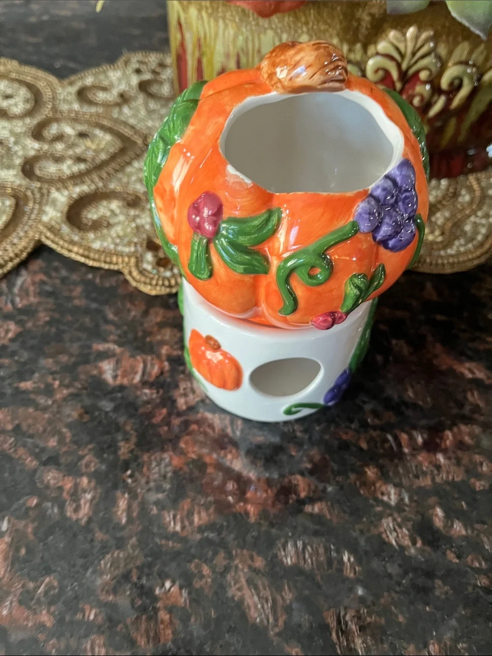Hand-Painted Orange Pumpkin Ceramic Votive with Purple Grape Accent